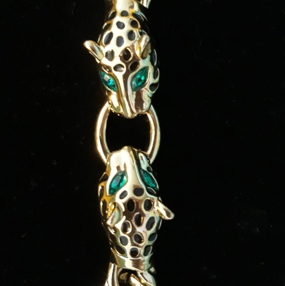 Vintage Double Leopard Head with Green Rhinestone Eyes Chunky Chain Bracelet - Picture 4 of 15